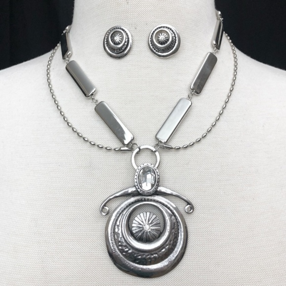 Tribal Round Medallion Silver Necklace Earring Set
